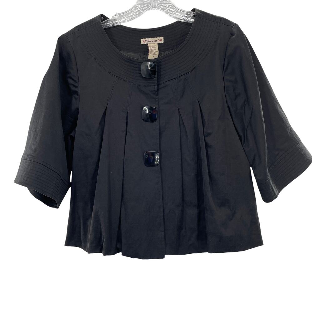FOREVER Black Blazer Button Down Swing Cropped 1/2 Sleeve Jacket S